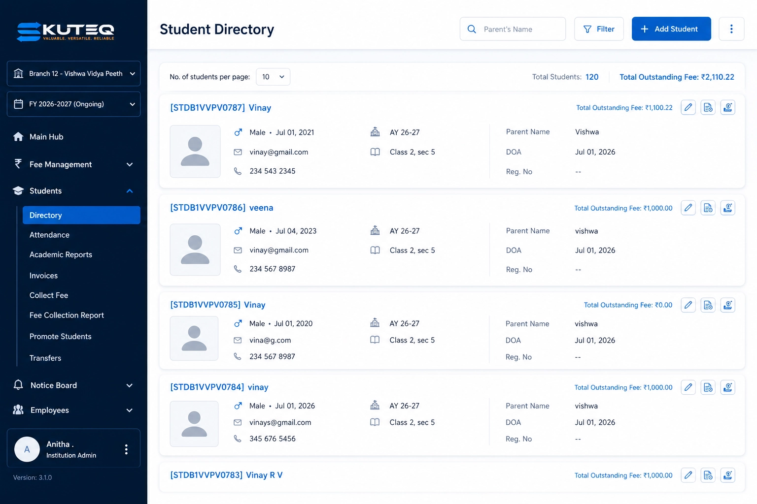Skuteq admin console showing the student directory